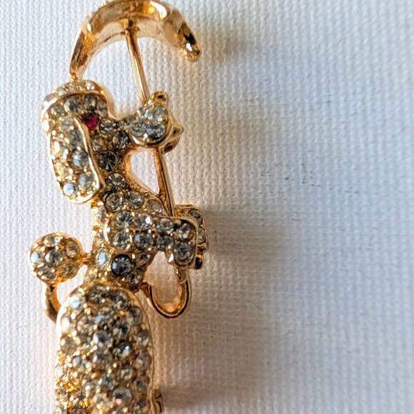 Vintage Poodle Brooch Umbrella Rhinestone Gold-Tone - Picture 13 of 14